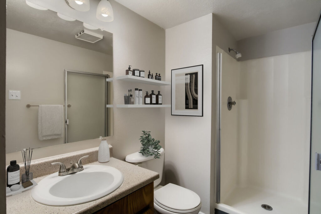 bahtroom with toilet and glass shower stall